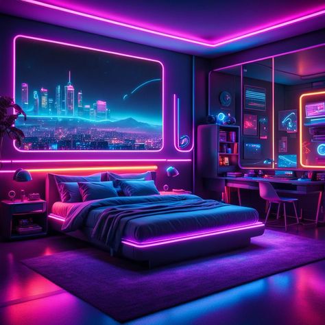 Cyberpunk Room Ideas, Neon Bedroom Aesthetic, Cyberpunk Bedroom, Cyberpunk Interior, Cyberpunk Room, Neon Bedroom, Cool Nike Wallpapers, Room Redesign, Neon Aesthetic