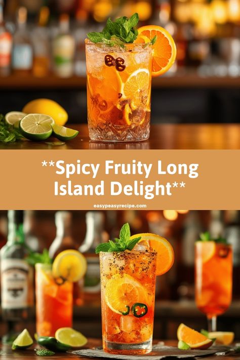 A vibrant Long Island Iced Tea garnished with fresh orange slices, lime, jalapenos, and mint, perfect for spicy and fruity nights. Long Island Iced Tea Variations, Long Island Iced Tea Aesthetic, Best Long Island Iced Tea Recipe, Long Island Iced Tea Recipe Best, Iced Tea Aesthetic, Long Island Iced Tea Recipe, Quick Sweets, Peach Vodka, Iced Tea Recipe