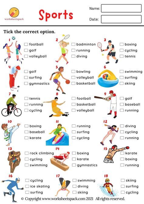 Esl Sports Worksheet, Esl Kindergarten Activities, Sports Worksheets For Kids, Pe Worksheets, Sport Vocabulary, Sport For Kids, Sports For Kids, Quizzes For Kids, Sport English