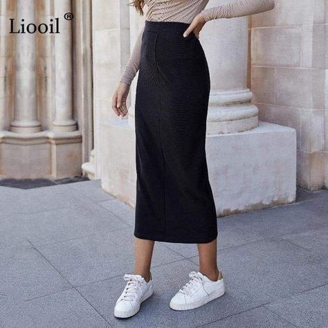 7503cfacd12053d309b6bed5c89de212desc53289497ri Rok Outfit, Bodycon Dress Casual, Rock Outfit, Womens Maxi Skirts, Knit Midi Skirt, Work Skirts, Fall Skirts, Skirt Outfit, Straight Skirt