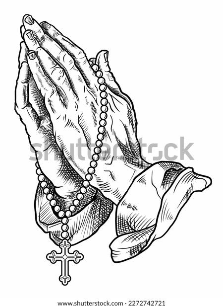 Praying Hands Rosary Line Drawing Handdrawn Stock Illustration 2272742721 | Shutterstock Rosary Cross Drawing, How To Draw Praying Hands, Pray Hands Drawing, Pray Pose Drawing, Hands Praying Drawing, Praying Drawing Pose, Rosery Drawings, Hands Art Reference, Praying Hands Illustration