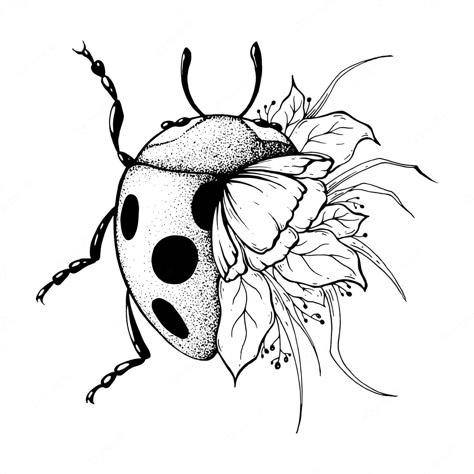 Ladybug Tattoo Drawing, Flower And Ladybug Tattoo, Pretty Bug Tattoo, Ladybug On Flower Tattoo, Ladybug Flower Tattoo, Ladybug Tattoo Design, Bug Tattoo Ideas, Ladybug On Flower, Ladybug Tattoo Ideas