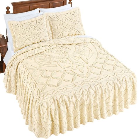 This chenille bedspread has an elegant textured design and will make a wonderful addition to your home. Featuring a lovely medallion in the center bordered by a lattice design, the chenille fabric gives this bedspread a soft and cozy feel. The gathered, floor length skirt is the perfect finishing touch. Matching sham s