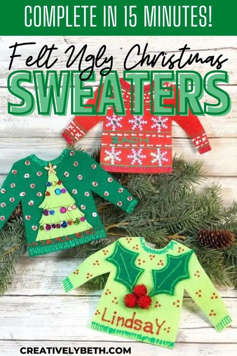 Personalized Ugly Christmas Sweater Ornaments Creatively Beth #creativelybeth #kuninfelt #felt #craft #diy #ugly #christmas #sweater #ornament Ugly Sweater Ornaments Diy, Ugly Sweater Ornaments, Christmas Sweater Ornaments, Christmas Sweater Ornament, Ugly Christmas Sweater Ornament, Sweater Ornaments, Diy Christmas Sweater, Ugly Sweater Diy, Diy Ugly Christmas Sweater