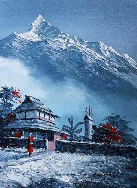 Himalayas Painting, Mountain Painting Acrylic, Nepal Himalayas, Nepal Art, Paintings Modern, Art Paintings For Sale, Nepal Travel, Landscape Art Painting, Knife Painting