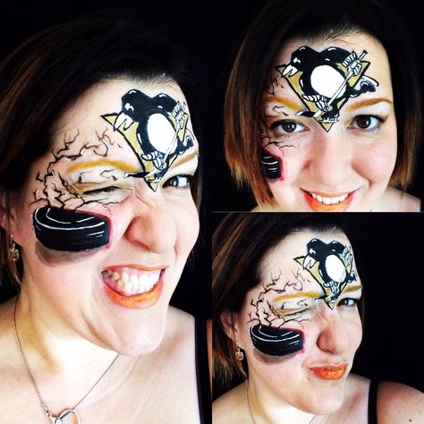 Pittsburgh Penguins Hockey NHL sports face paint by Facepaint Fun by Cara Drum Hockey Face Paint, Hockey Face Paint Ideas, Sports Face Paint, Costume Face Paint, Face Paint Ideas, Sports Inspiration, Penguin Costume, Face Paints, Pittsburgh Sports