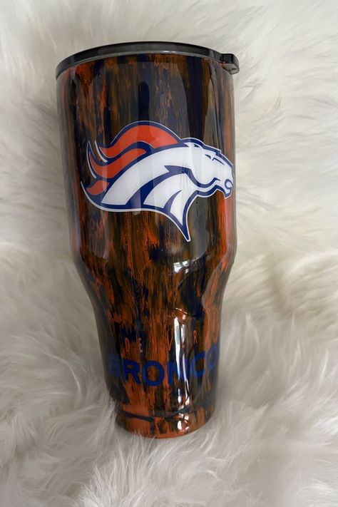 NFL Bronco tumbler with blue and orange colors with bronco decal. Fall Tumblers, Denver Bronco, I Wait, Denver Broncos, Stainless Steel Tumbler, Team Colors, In A Box, Stainless Steel Tumblers, Denver