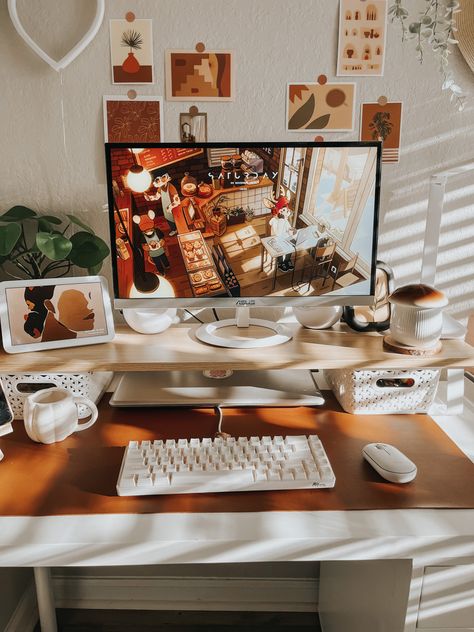 Beige Gaming Setup, Gaming Desk Essentials, Boho Gaming Setup, Cosy Desk, Desk Vibes, Cosy Office, Cosy Gaming, Gaming Corner, Setup Inspiration