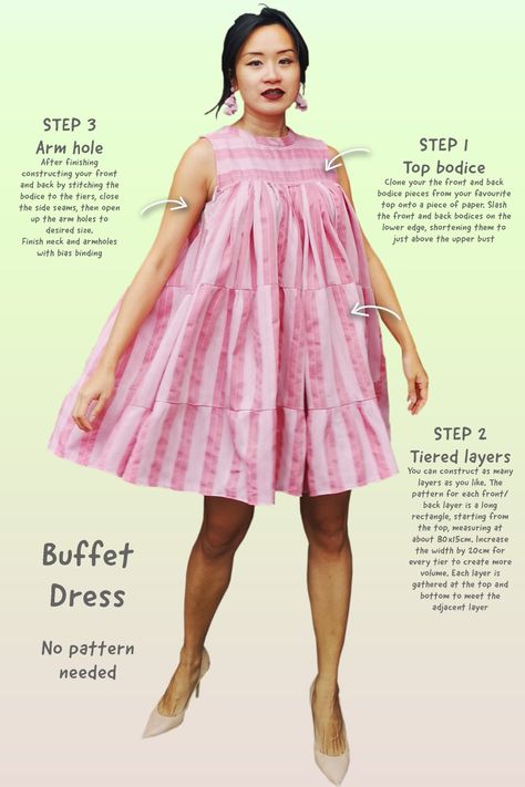 No Pattern Dress Diy, Tier Dress Pattern, Tunic Dress Pattern Free, Gathered Dress Pattern, Buffet Dress, Tent Dress Pattern, Tent Dresses Pattern, Layered Dress Pattern, Tired Dress