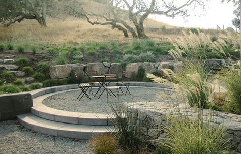 Round Seating Area Garden, Round Fire Pit Area, Open Sitting Area, Elevated Terrace, Terraced Patio, Terraced Landscape, Natural Stone Patio, Stone Terrace, Open Landscape