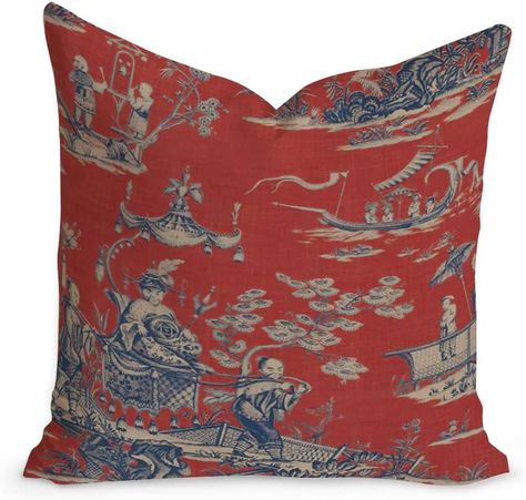 Chinoiserie Farmhouse, Chinoiserie Pillow Covers, Asian Pillows, Blush Cushions, Chinoiserie Pillow, Toile Pillows, Red Cushion Covers, Red Toile, Red Cushion