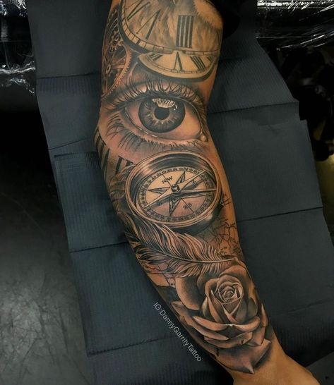 Eye Sleeve Tattoos For Men, Eye Compass Tattoo Design, Compass Eye Tattoo, Arm Sleave Ideas Men, Eye Tattoo Sleeve, Tattoos Arm, Sleave Ideas Men, Clock Tattoo Design For Men, Time Tattoo Ideas