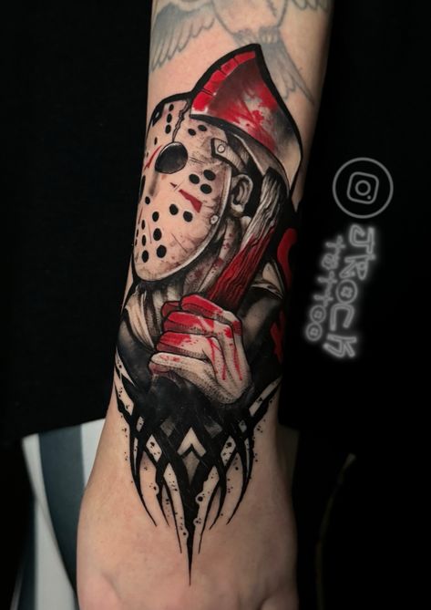 The beginning of sleeve tattoos based on horror films. The first element in the future sleeve is Jason Voorhees in the form of a sticker. Friday the 13th is a cult classic. I love horror films and it was a great pleasure for me to work on this project. #tattoo #friday13thtattoo #friday13th #jasonvoorhees #jasonvorhees #jasontattoo #stickertattoo #graphictattoo #tattooinspiration #tattooidea Nosferatu Tattoo Traditional, Horror Arm Tattoo, Candyman Horror Tattoo, Woman Tattoo Ideas Unique Inspiration, Horror Tatoos, Small Friday The 13th Tattoos, Horror Movie Sleeve Tattoo, Jason Tattoo Design, Tattoo Dark Work