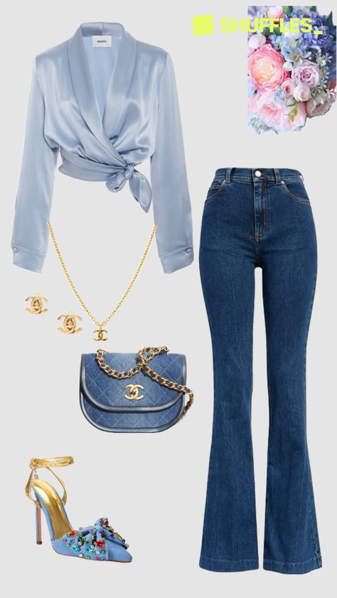 This elegant blouse and jeans outfit is a great business casual spring outfit. Can be worn: office, business, going out , girls night, daye, going out , party and more. #outfitinspo #jeans #blue #springoutfit #businessoutfit #aesthetic Outfits Cena, Blouse And Jeans Outfit, Classy Party Outfit, Business Casual Spring, Party Jeans, Classy Party, Fashion Trend Board, Casual Spring Outfit, Spring Business Casual