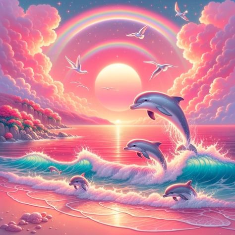 Leaping dolphins arc, silver against the painted sunrise— a canvas of joy, where sea meets sky in a dance of infinite hues. #DolphinArt, #OceanMagic, #SunsetVibes, #RainbowSky, #FantasyArt, #Seascape, #DigitalPainting, #OceanLife, #DolphinsJumping, #SurrealArt, #PinkSunset, #ArtLovers, #InstaArt, #NatureInspired, #PeacefulScene, #DreamyArt, #VibrantColors, #MarineLife, #MagicalMoments, #ArtisticShare, #Seaside, #BeachArt, #SoothingArt, #FantasyWorlds, #ColorfulNature, #WildlifeArt, #GlowingA... Dolphins And Rainbows, Dolphin Symphony, Symphony Dolphin, Dolphin Wallpaper, Beautiful Sunset Pictures, Dolphin Art, Wall Decor Crafts, Glowing Art, Round Art