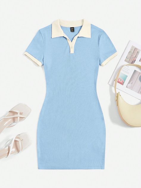 SHEIN EZwear Contrast Trim Polo Neck Bodycon DressI discovered amazing products on SHEIN.com, come check them out! Color Block Tee, Rose Fashion, Legally Blonde, Knitted Bodycon Dress, Neck Bodycon Dress, Polo Neck, Dressy Outfits, Contrast Trim, Dress Blue