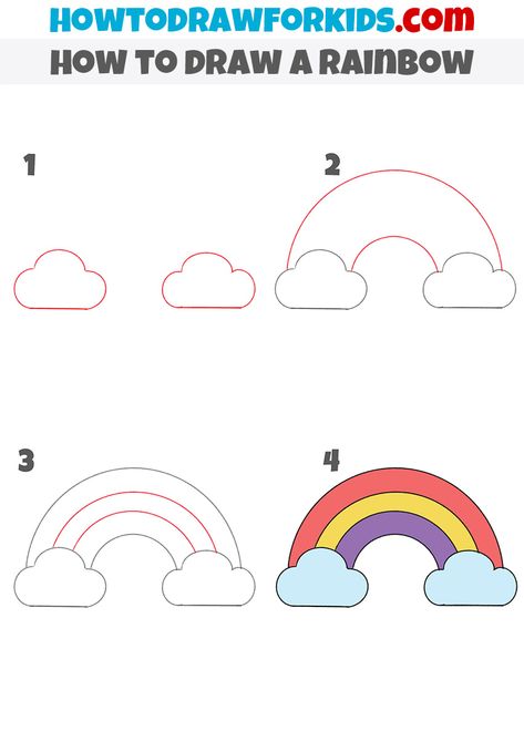 Basic Drawing For Kids Step By Step, How To Draw Rainbow, How To Draw A Rainbow, Rainbow Drawing For Kids, Step By Step Drawing For Kids, How To Draw For Kids, Draw A Rainbow, Easy Drawing Ideas For Kids, Rainbow Doodle