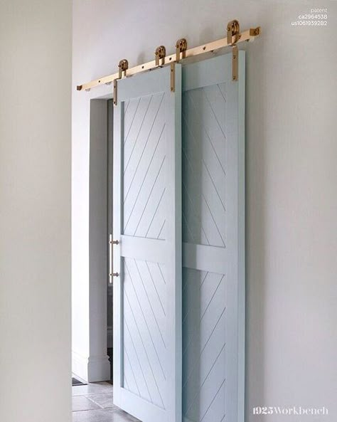 Barnyard Door, Barn Door Pantry, Bypass Barn Door Hardware, Bypass Barn Door, Barn Door Closet, Custom Barn Doors, Blue Doors, Barn Door Designs, Custom Doors