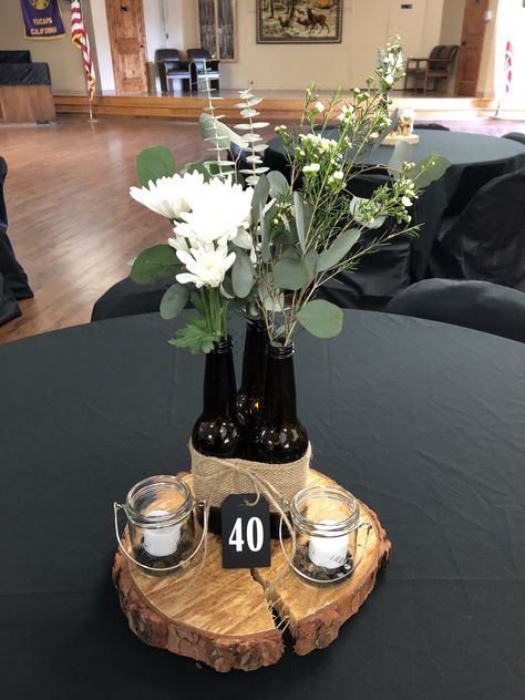 Centerpiece For Male Birthday Party, Man Centerpieces Ideas, Table Decor For Mens Birthday, Table Centerpieces For Men Birthday, 40th Birthday Ideas For Men Centerpieces, Dads 60th Birthday Ideas Decoration, 70 Birthday Party Ideas For Men Table, Rustic Party Decor Birthday Men, Men Table Decorations Party Ideas