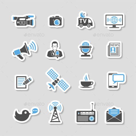 Media and News Icons Sticker Set with Journalism, Television, Newspaper and SMS in two color. Vector illustration. File saved as E Media And Information Literacy Design, Media Information Literacy Logo, Media And Information Literacy, News Sticker, News Icon, College Stickers, Information Literacy, Media Studies, Color Vector