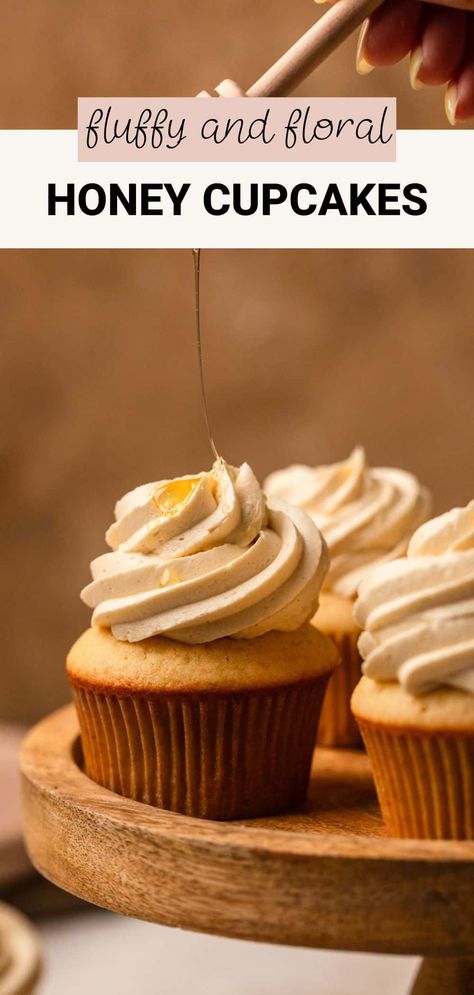 These soft and fluffy honey cupcakes have a floral, subtle honey flavor with salted honey buttercream frosting swirled on top. Honey is in the cake, in the frosting, and drizzled on top, making it the star ingredient of these delicious cupcakes! Icing Recipe Flavored, Honey Cake Cupcakes, Honey Flavored Cake, Honey Bun Cupcakes, Honey Bee Cupcakes Ideas, Recipes For Honey, Honey Cupcake Recipe, Cupcake Icing Ideas, Desserts With Honey