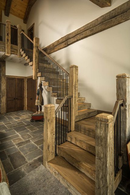 Luxury Mountain Get-A-Way - Rustic - Staircase - Charlotte - by VPC Builders, LLC | Houzz Cabin Stairs, Rustic Staircase, Beach Style Bathroom, Rustic Stairs, Beautiful Flooring, Staircase Railings, House Stairs, Barn House Plans, Mountain Home