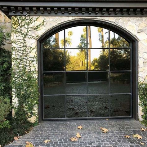 Tinted Reflective Mirror Glass Garage Door Ideas With Curved Top Black And Glass Garage Doors, Full Window Garage Door, French Provincial Garage Doors, Cute Garage Ideas Exterior, Glass Door Garage, Garage With Glass Doors, Two Car Garage Door, Mirrored Garage Door, Alternative Garage Doors