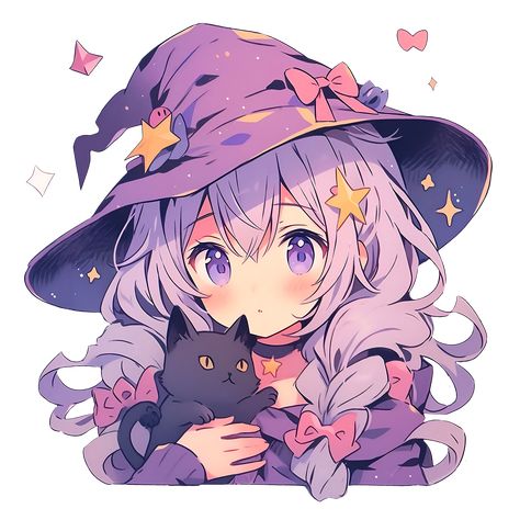 Cute Kawaii Witch and a Cat in Purple Pastel Colors Sticker Kawaii Witch, Witch And Cat, Witch Drawing, Fantasy Witch, Anime Witch, Witch Girl, Purple Pastel, Anime Halloween, Purple Cat