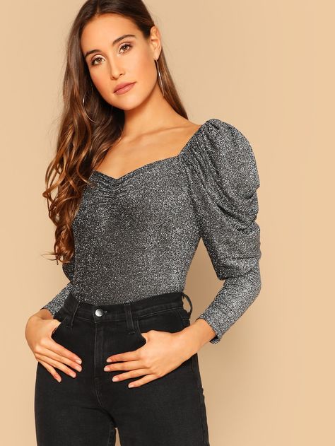 Gigot Sleeve Sweetheart Neck Glitter Top -SHEIN(SHEINSIDE) Gigot Sleeve, Classic Skirts, Glitter Top, Spring Women, Women Long Sleeve Tops, Plaid Mini Skirt, Puffy Sleeves, Feminine Outfit, Sweetheart Neck