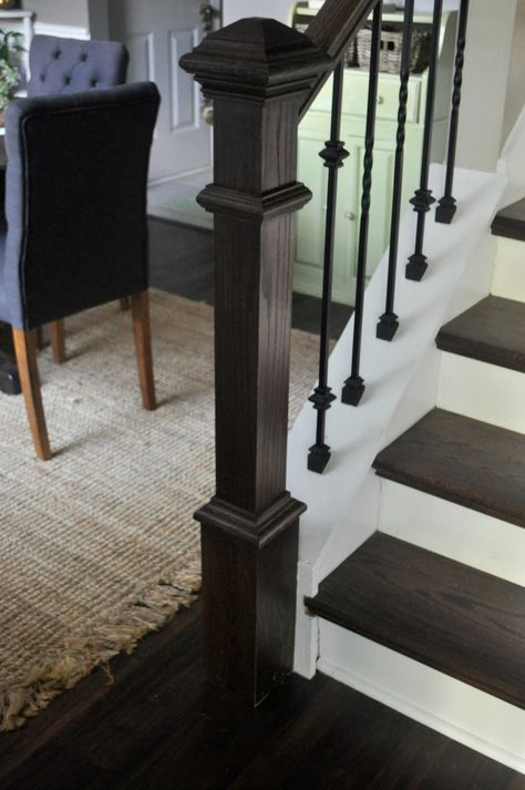 Stained Stair Treads: Before and After - Live Pretty on a Penny Staircase Before And After Renovation, Stair Case Renovation, Espresso Stained Stairs, Black Treads On Stairs, Stained Black Stairs, Black Stain Staircase, Black Stained Stair Railing, Dark Stain Stair Railing, Staining Stair Rail