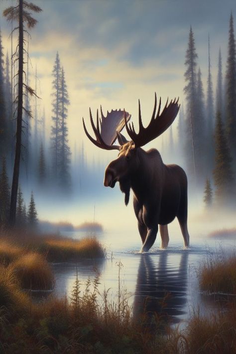 Majestic Moose Wading Check more: https://paintlyx.com/majestic-moose-wading/ Giant Moose Fantasy Art, Moose Reference, Antler Art Drawing, Albino Moose, Giant Moose, Grey Landscape, Moose Painting, Moose Pictures, Funny Moose