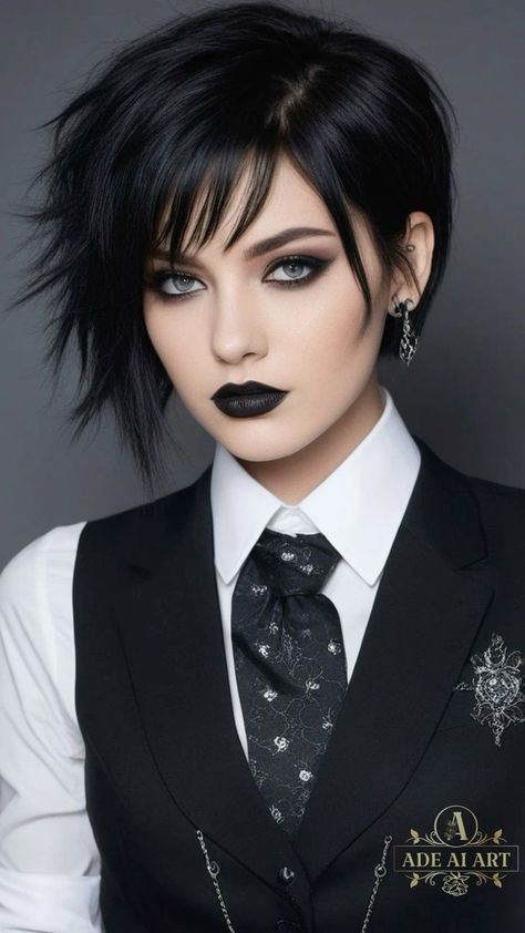 Very Short Punk Hair, Gothic Pixie Haircut, Short Rocker Hairstyles For Women, Dark Hair Color Ideas For Black Hair, Goth Pixie Cut, Goth Short Hair, Short Goth Haircuts, Short Rocker Hair, Short Goth Hair