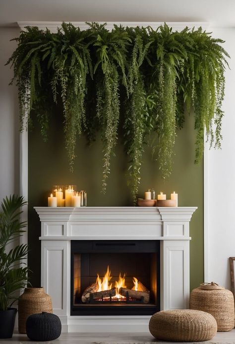 Tropical Fireplace, Green Fireplace Wall, Dark Academia Classroom, Academia Classroom, Plant Wall Shelves, Fireplace Accent Wall Ideas, Green Fireplace, Fireplace Accent Wall, Fire Feature Wall