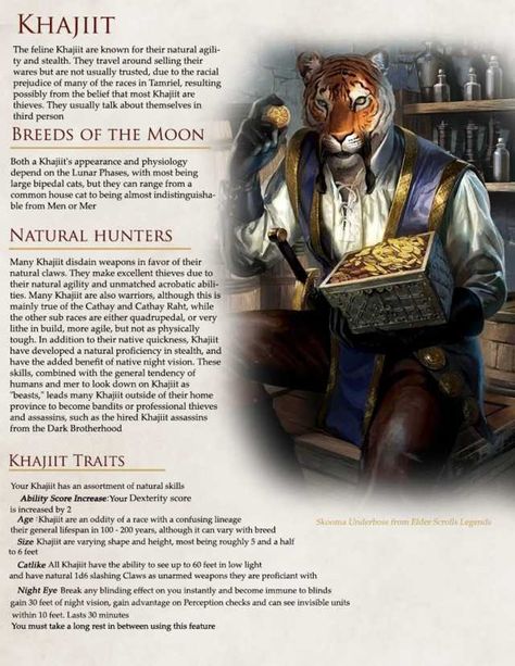 I made the Elder Scrolls races in 5e for a Campaign I'm working on. My first Homebrew so grammer, balance and format might not be up to par, but I had fun - Imgur Elder Scrolls Khajiit, Skyrim Dnd, Skyrim Races, Elder Scrolls Races, Skyrim Lore, Skyrim Fanart, Skyrim Game, Elder Scrolls Lore, Character Info