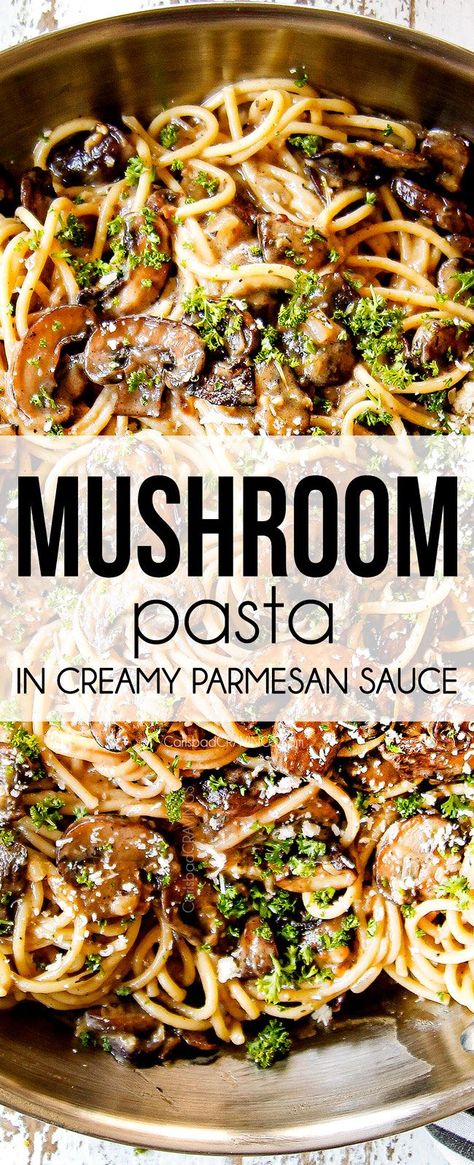 Creamy Mushroom Pasta tossed in the most delicious, garlic Parmesan mascarpone sauce on your table in 30 minutes!  (how to make ahead, variations, tips, tricks)  #recipes #recipeoftheday #recipeideas #recipeseasy #recipesfordinner #dinner #dinnerrecipes #dinnerideas #dinnertime #easyrecipe #easydinner #30minutemeals #pasta #pastarecipes #Parmeasan #creamypasta #garlic #Italianfood #Italianrecipes via @carlsbadcraving Italian Mushroom Pasta, Mushroom Spaghetti Recipes, Elegant Pasta Dishes, What To Make With Mushrooms, Mixed Mushroom Recipes, Healthy Mushroom Pasta, Calabrese Recipes, Mushroom Pasta Recipes, Meatless Pasta Recipes