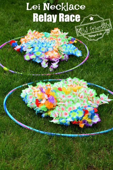 This Lei Necklace Realy Race is easy and hilarious to watch. It's perfect for your summer or Hawaiin themed party. Great for kids of all ages and adults. www.kidfriendlythingstodo.com #summer #game #outdoor #kids #teens #adults #hawaiian #luau #easy Indoor Summer Games For Kids, End Of Year Party Luau, School Summer Party Ideas, Hawaiian Games For Adults, Hawaiian Week Summer Camp, Laua Party Ideas Hawaiian Luau Games, Hawaiian Pep Rally Games, Luau Game Ideas, Diy Sandwiches For Party