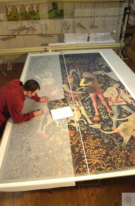 Drawing the cartoon for the Hunt of the Unicorn Tapestry as part of the Stirling Tapestries Project. The completed tapestry can now be seen at Stirling Castle.  #Scotland #History #Collections Scottish Tapestry, Hunt Of The Unicorn, Tapestry Drawing, Stirling Castle Scotland, Painted Tapestry, Art Conservation, Unicorn Tapestry, Art Restoration, Unicorn Tapestries