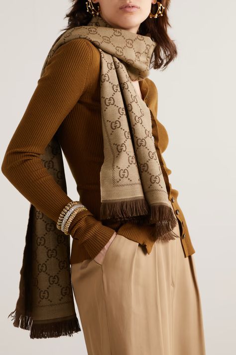 GUCCI + NET SUSTAIN Sten reversible fringed organic wool-jacquard scarf | NET-A-PORTER Gucci Shawl Outfit Scarfs, Beige Scarf Outfit, Gucci Scarf Outfit, Scarf Looks, Gucci Pattern, Net Sustain, Fall Scarf, Luxury Scarf, Brown Scarf