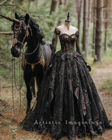 Black Vampire Wedding Dress, Fairytale Black Dress, Fairy Wedding Dress Black, Dark Wedding Dress Victorian, Mythical Ball Gowns, Villian Ballgown, Black Princess Gown Royalty, Fantasy Gowns Black, Dark Fantasy Dress Aesthetic