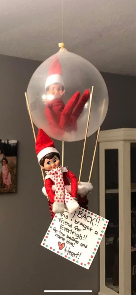 Bringing Elf On The Shelf Back With A Friend, Elf On The Shelf Im Back With A Friend, Elf Return With Friend, How To Get An Elf In A Balloon, Elf On The Shelf I’m Back With A Friend, Elf On Shelf In Balloon, Bringing Elf Back Ideas, Elf Inside A Balloon, Elf Return Balloons