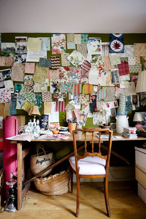 Angelica's office is open to the landing. The wooden trestle desk came from a church, while the walls are plastered with iron filings and so are fully magnetic, making them useful for samples. Lindt Bunny, Bert And May Tiles, Cafe Blinds, Osborne And Little Wallpaper, Trestle Desk, Victorian Terraced House, Victorian Terrace House, Theatre Tickets, Decoupage Tray