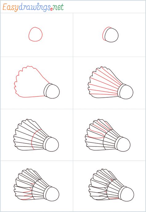 Badminton Shuttlecock Drawing, How To Draw Badminton, Badminton Racket Sketch, How To Draw Objects Step By Step, Badminton Drawing Easy, Badminton Drawing Sketch, Sports Drawings Easy, Shuttlecock Drawing, Badminton Drawing