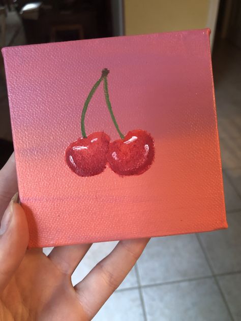 Easy Cherry Painting, Cherry Painting Aesthetic, Cherry Painting Acrylic, Cherry Art Aesthetic, Tiny Canvas Ideas, Tiny Paintings Simple, Tiny Canvas Painting Ideas, Tiny Canvas Art, Birthday Paintings