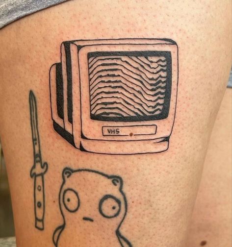 Blockbuster Tattoo, Tv Tattoo Traditional, Crashbox Tattoo, Old School Tv Tattoo, Crt Tv Tattoo, Pay Phone Tattoo, Old Computer Tattoo, Static Tv Tattoo, Box Tv Tattoo