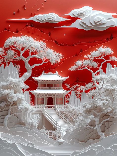 The image is a beautiful depiction of a traditional Chinese landscape. The foreground is dominated by a large tree with a winding trunk and delicate branches ->> more details in ai-img-gen.com Chinese Tree Art, China Snow, Chinese Tree, Chinese Mountains, Traditional Chinese Art, Clouds In The Sky, Large Tree, Chinese Landscape, Red Tree