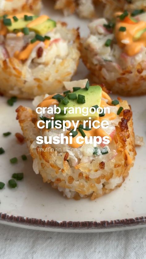 Erin Silberman | Crab Rangoon Crispy Rice Sushi Cups •Follow @seriousfoodfetish for more recipes, restaurant recs & food trends• You guys loved the recipe�… | Instagram Foods To Eat With Chopsticks, Crab Rangoon Crispy Rice Cups, Crab Rangoon Crispy Rice, Crispy Shrimp Sushi Cups, Imitated Crab Meals, Crab Rangoon Sushi Cups, Crispy Rice Crab Bites, California Roll Crab Filling Recipe, Crispy Rice Sushi Cups