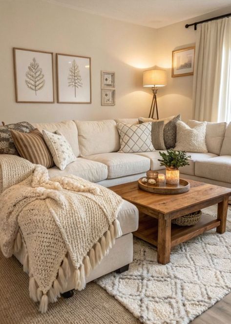 L Couch Living Room Ideas, Neutral Tone Apartment Decor, Modern Cozy Family Room, Affordable Furniture Ideas, Cute House Living Room, Living Room Decor With Tan Couch, Living Room Designs With White Couch, First House Living Room, Brown And Ivory Living Room