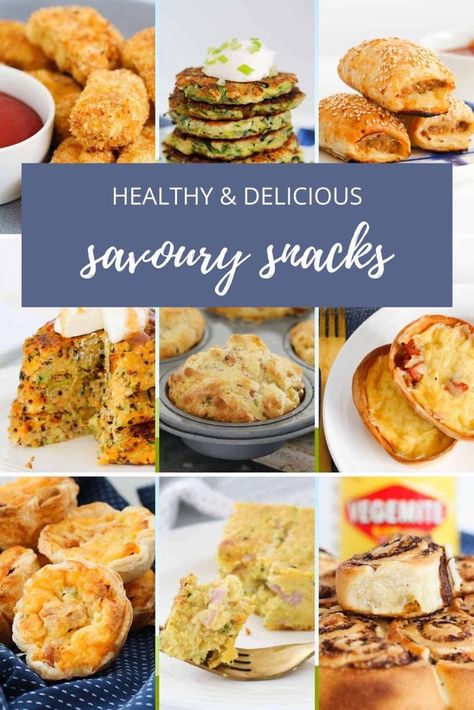 A collection of savoury snacks including quiches, fritters, nuggets, muffins, pies, sausage rolls, and many more. Healthy Snacks Savory, Healthy Savoury Snacks, Snacks Savory, Savory Snack Recipes, Savoury Slice, School Lunch Boxes, Healthy Savory Snacks, Homemade Sausage Rolls, Healthy Peanut Butter Cups