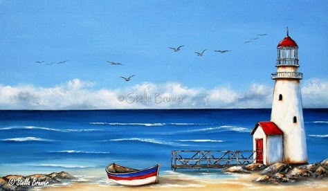 Stella Bruwer Lighthouse Painting, Lighthouse Pictures, Lighthouse Art, Soyut Sanat Tabloları, Boat Painting, Sea Painting, Sea Art, Beach Painting, Painting Class