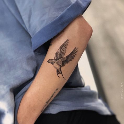 Microrealism swallow bird tattoo. Black and grey, detailed, single needle tattoo. Bird Tattoos Arm, Swallow Bird Tattoos, Bird Tattoo Back, Tattoo Samples, Tatuagem Masculina Pequena, Swallow Tattoo, Clever Tattoos, Greek Tattoos, Arm Band Tattoo